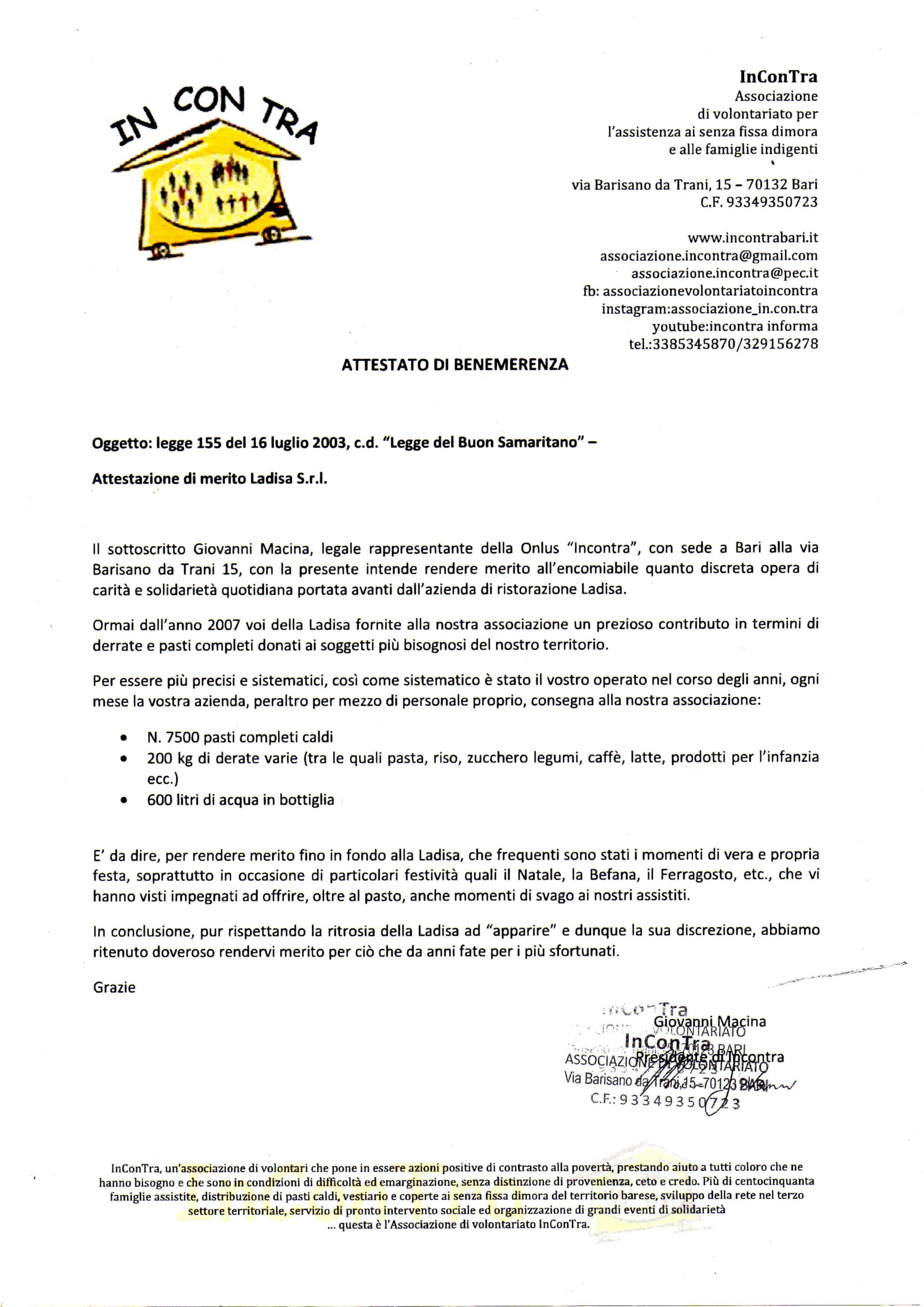 Attestato Benemerenza | InConTra