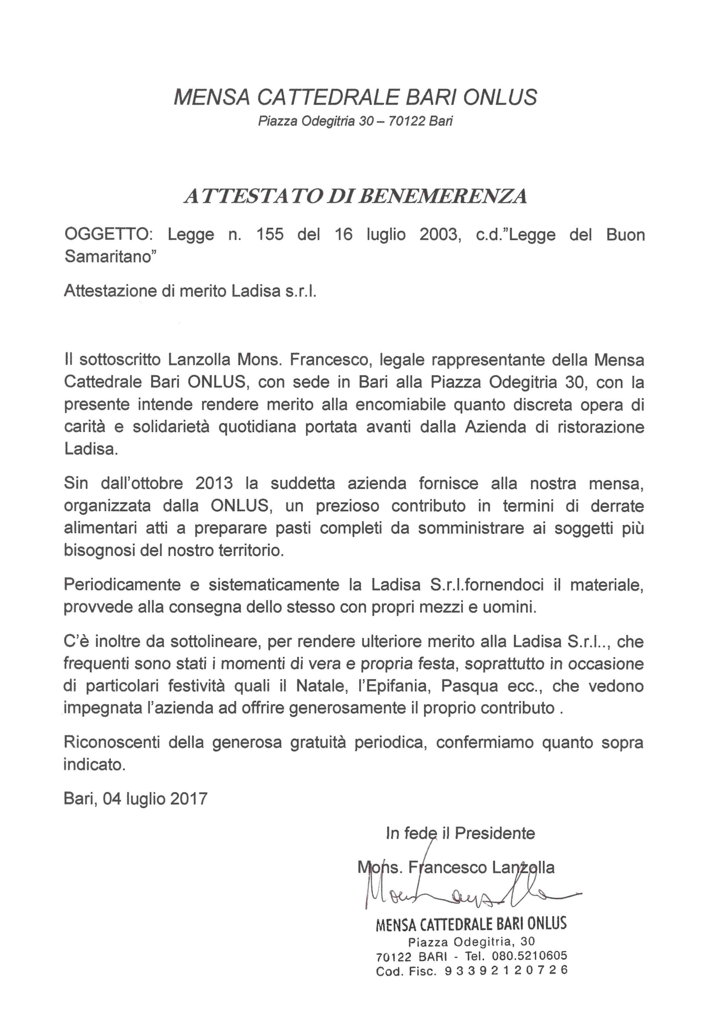 Attestato Benemerenza | Mensa Cattedrale Bari ONLUS