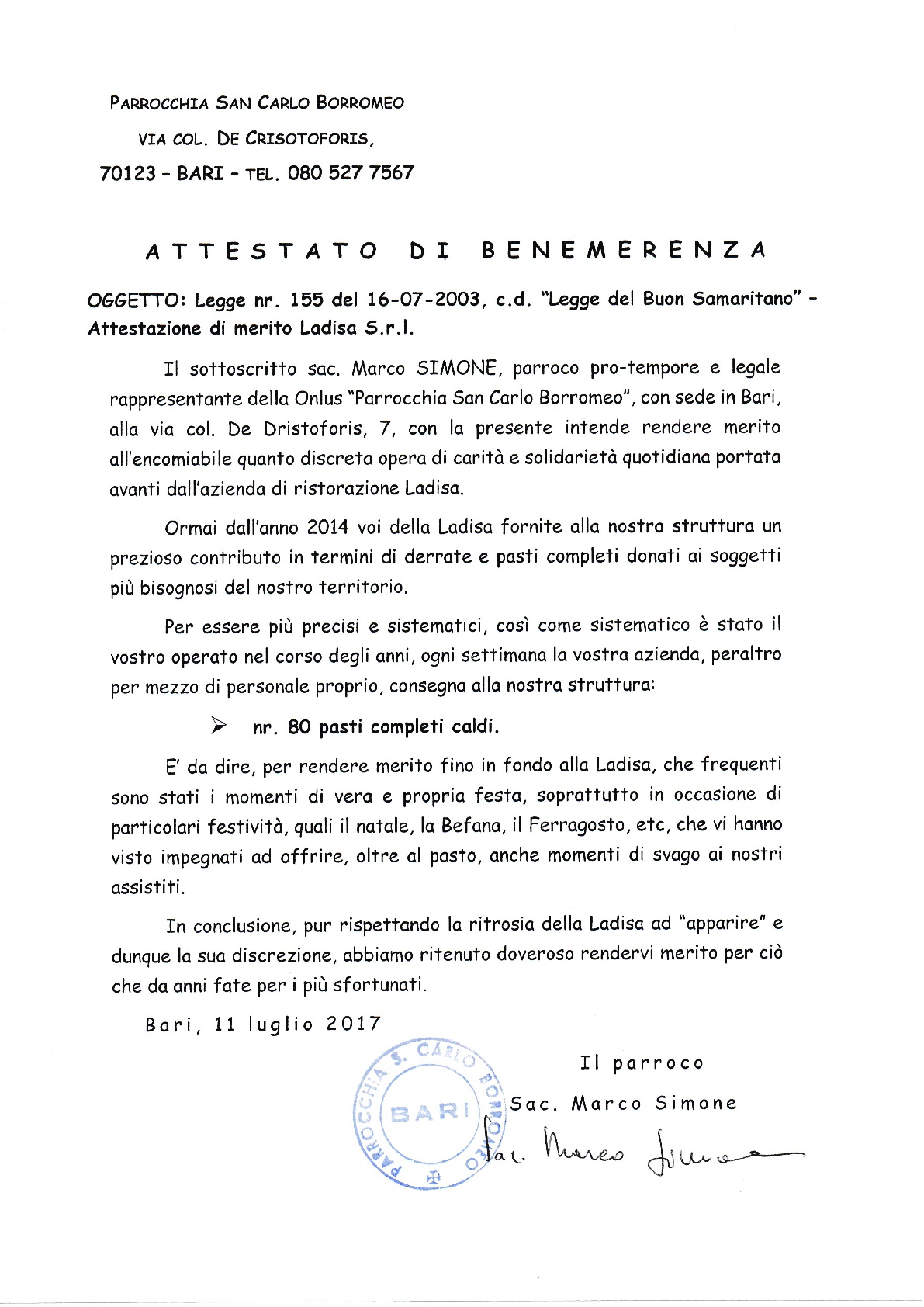 Attestato Benemerenza | Parrocchia San Carlo Borromeo