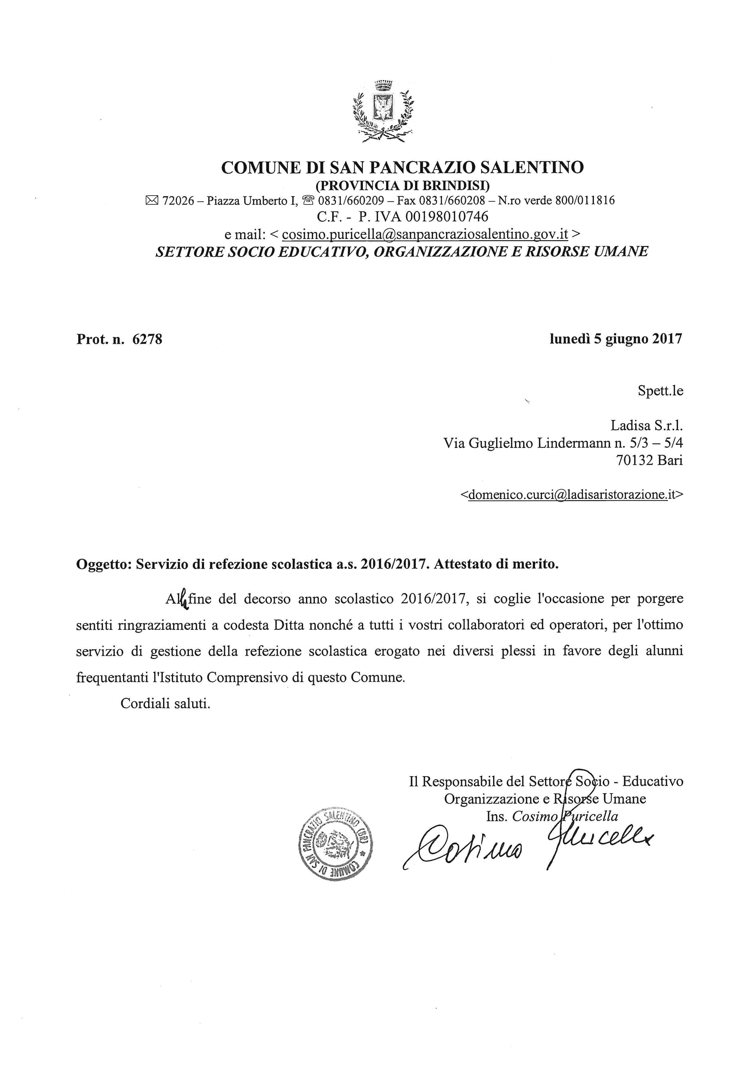 Attestato di merito -  Servizio di refezione scolastica a.s. 2016-2017