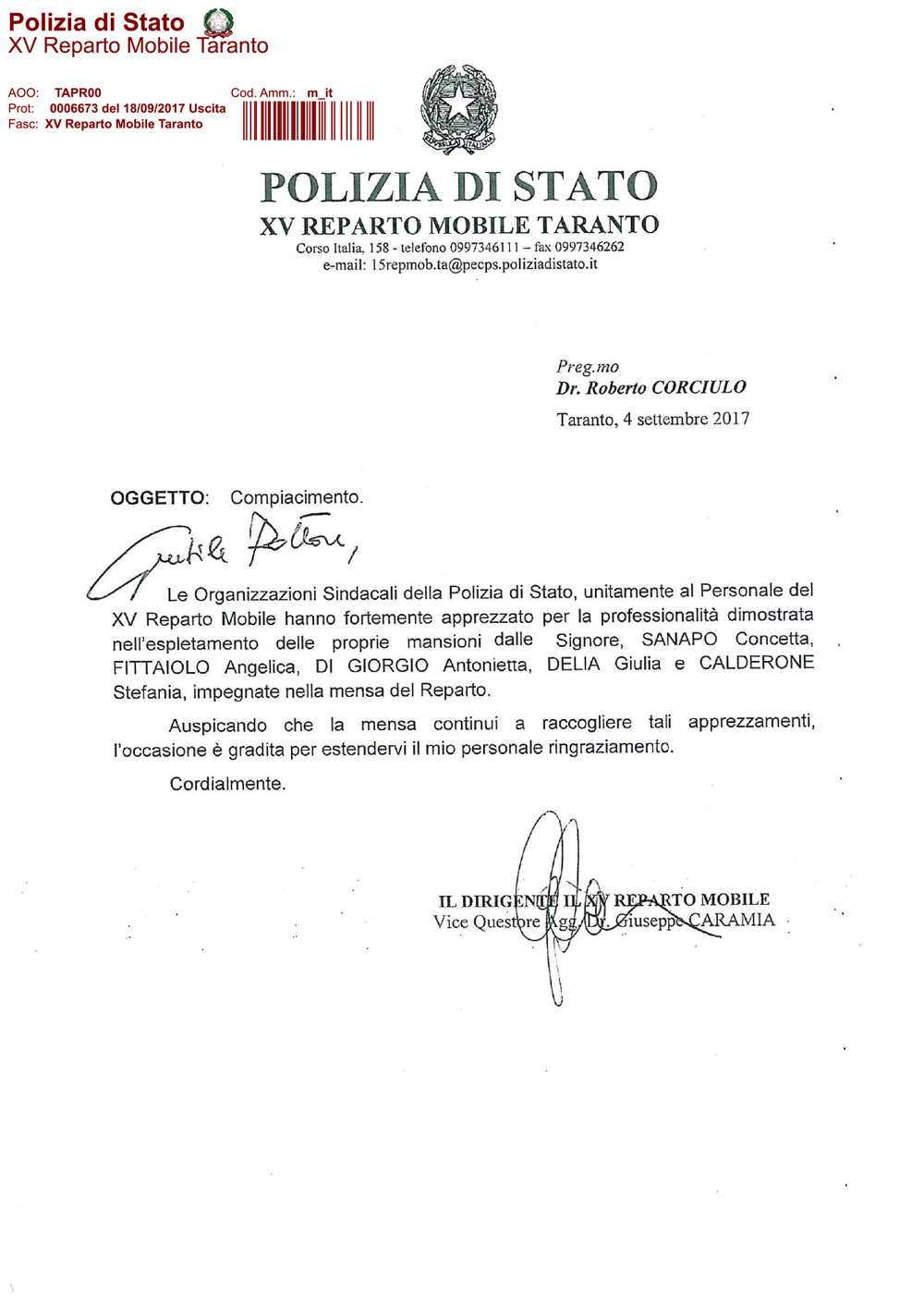 Compiacimento | Polizia di Stato XV Reparto Mobile Taranto