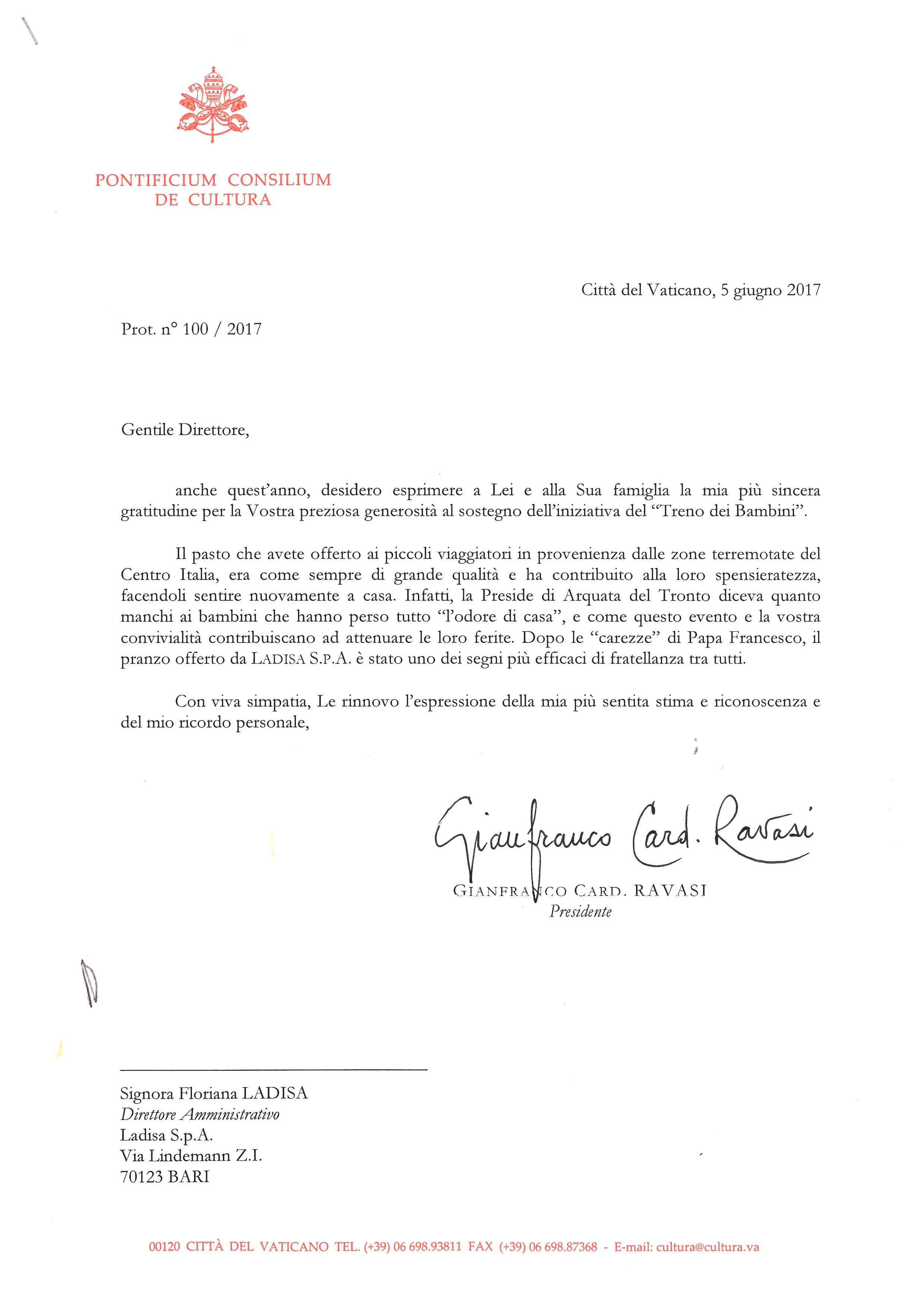 Riconoscimento del Cardinale G. Ravasi