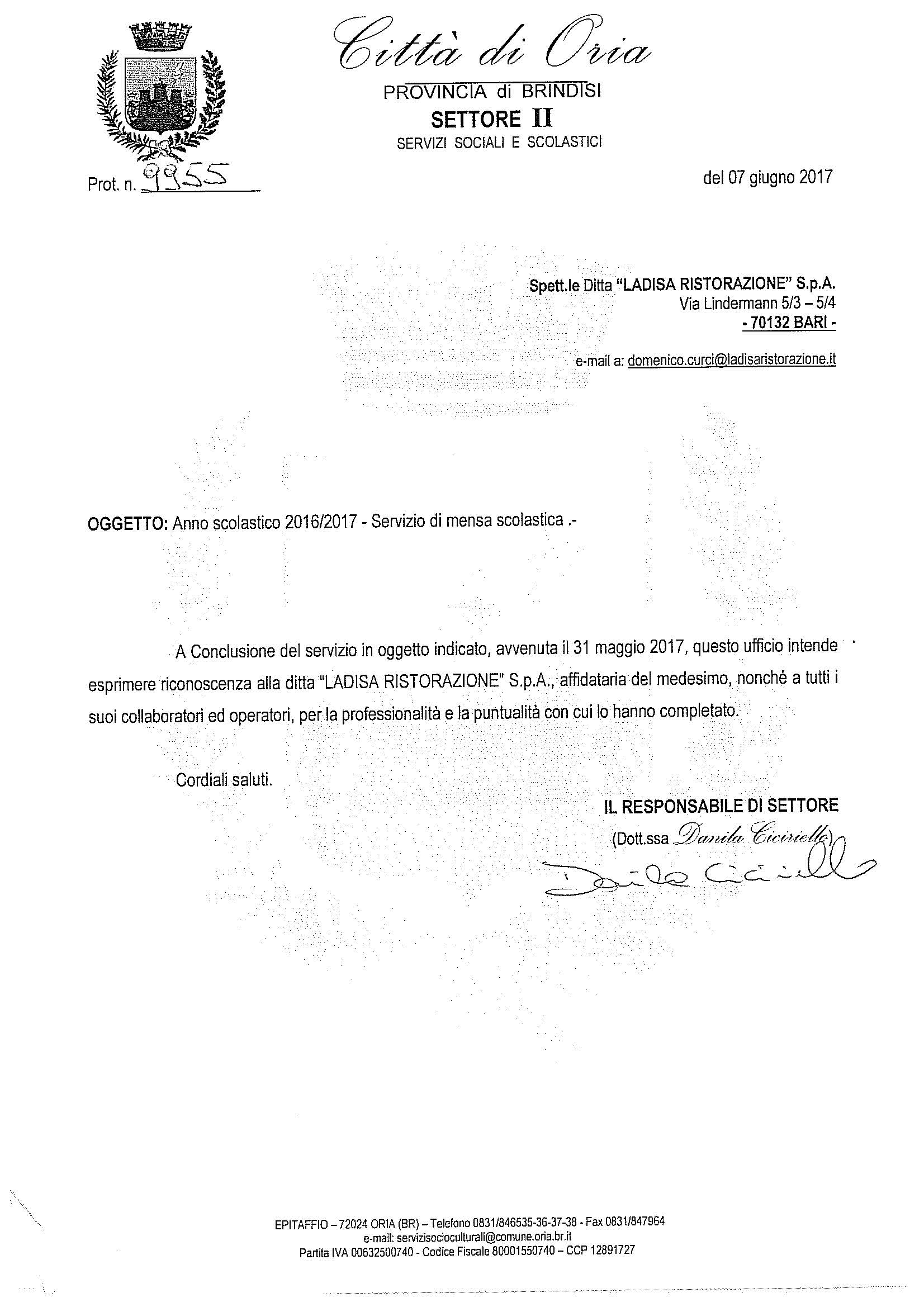 ORIA (BR) - SERVIZIO DI MENSA SCOLASTICA