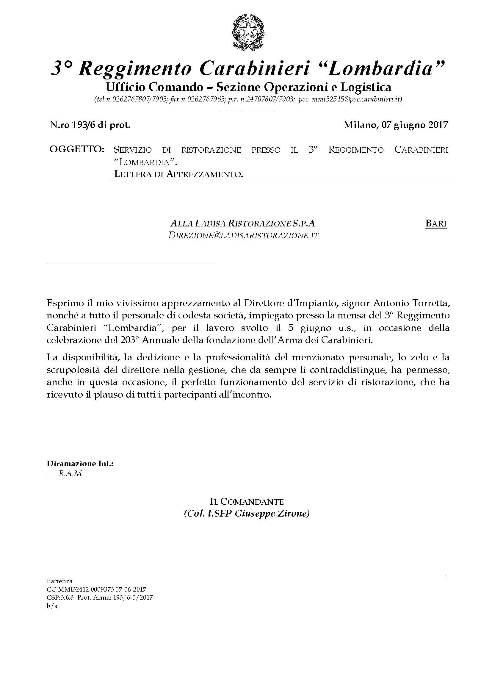 3° Reggimento Carabinieri Lombardia - Lettera Apprezzamento