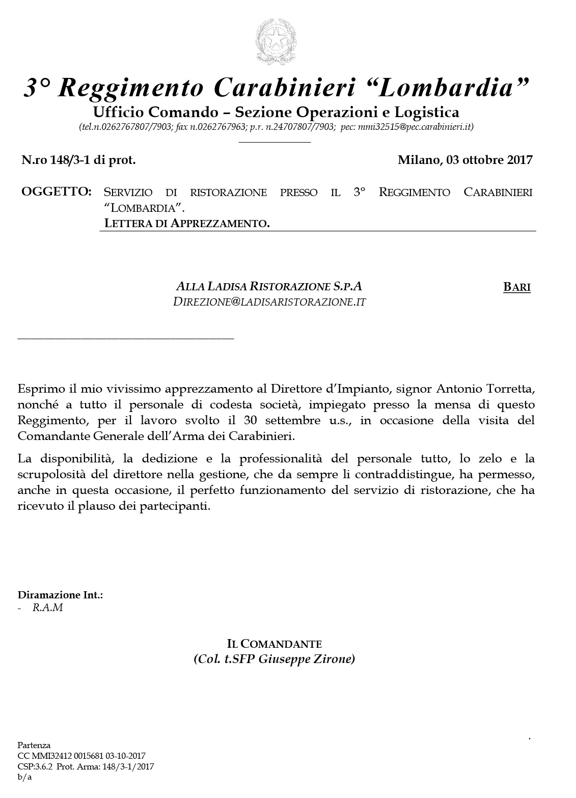 Lettera di apprezzamento | 3° Reggimento Carabinieri Lombardia