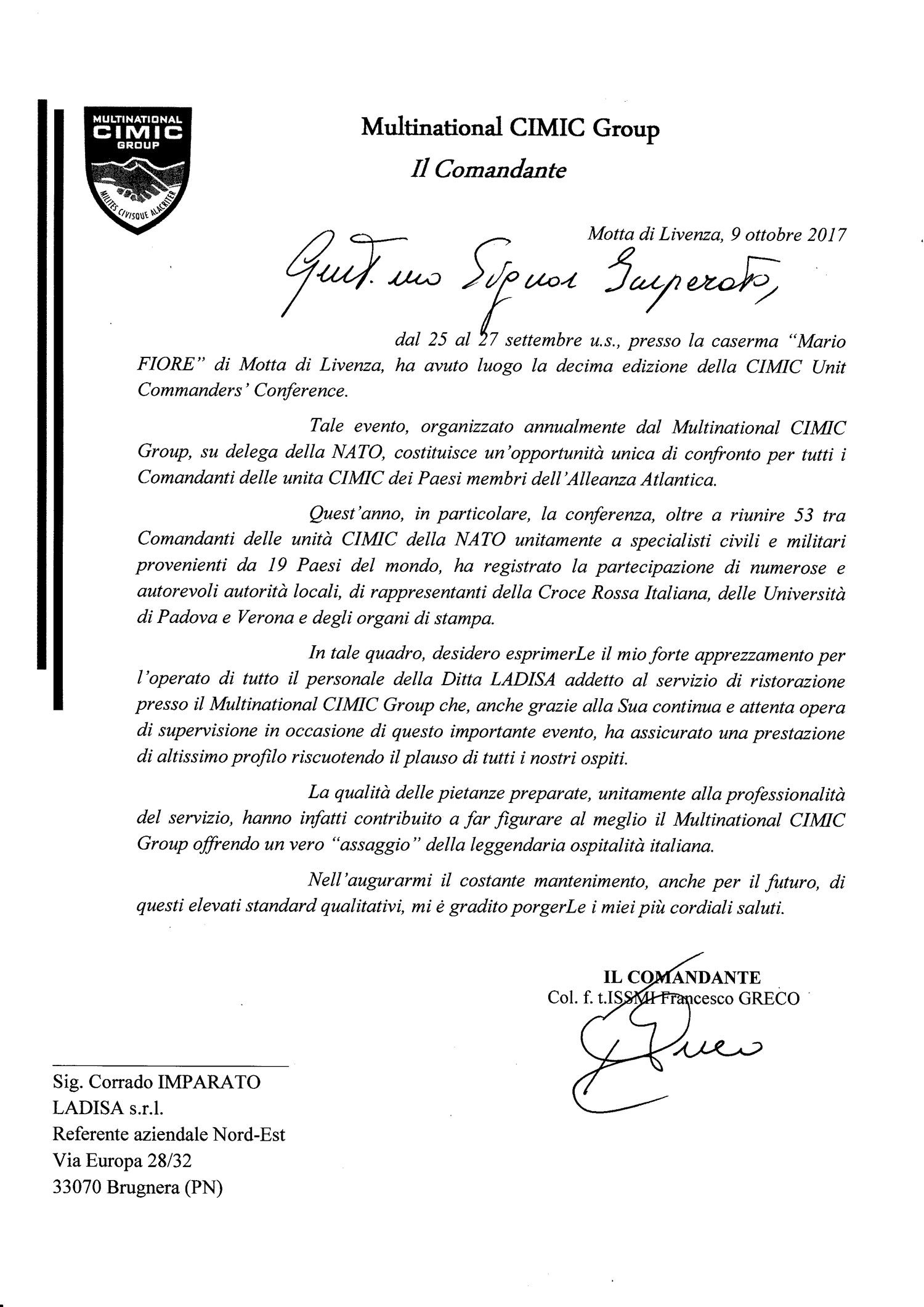 Lettera di apprezzamento | Multinational CIMIC Group