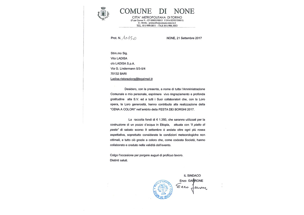 Ringraziamento | Comune di None